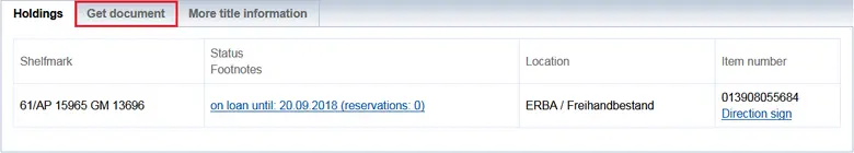 "Holdings" tab with loaned book and "Get document" tab next to it