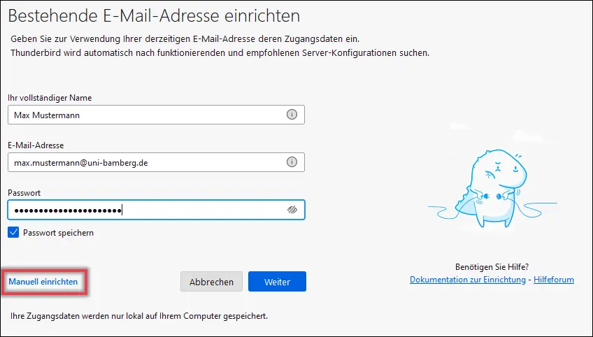 Fenster zum Einrichten einer bestehenden Mail-Adresse