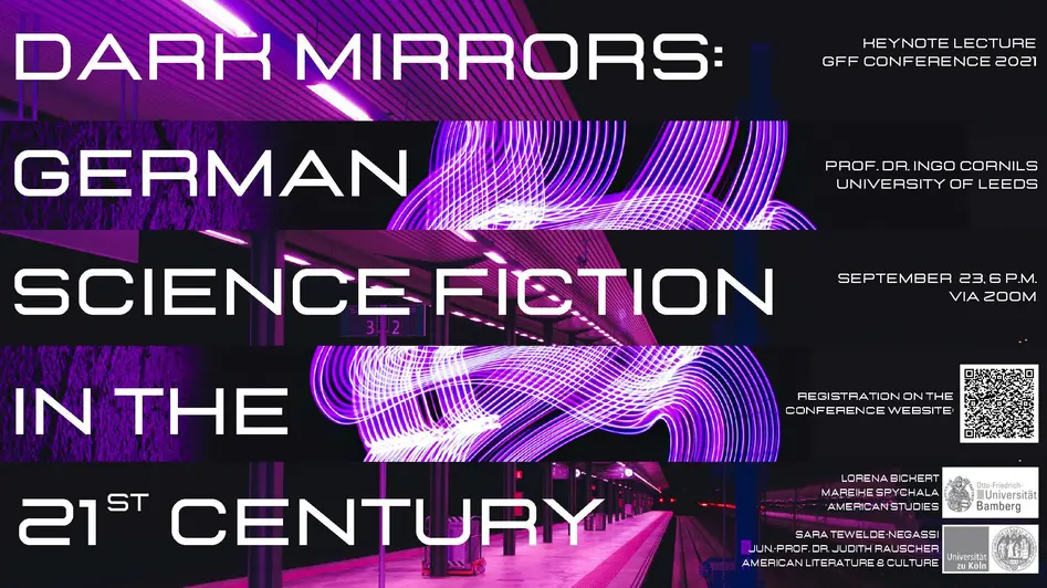 Poster fr die Keynote von Professor Ingo Cornils mit dem Titel "Dark Mirrors: German Science Fiction in the 21 Century". Auf dem Poster ist eine Bahnhaltestelle zu sehen, die mit lilanem Licht beleuchtet ist. 