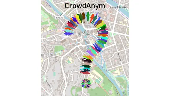 [Translate to 1 - english:] Ein Stadtplan der Altstadt Bambergs, mit einem mittig platzierten Fragezeichen aus farbigen Menschen-Piktogrammen 