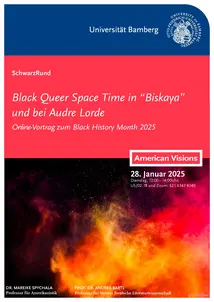 Poster fr einen Vortrag der Autor*in SchwarzRund zum Black History Month 2025. Neben den Informationen zum Vortrag zeigt das Poster das Foto einer Farbexplosion in Rot- und Oranget?nen. 