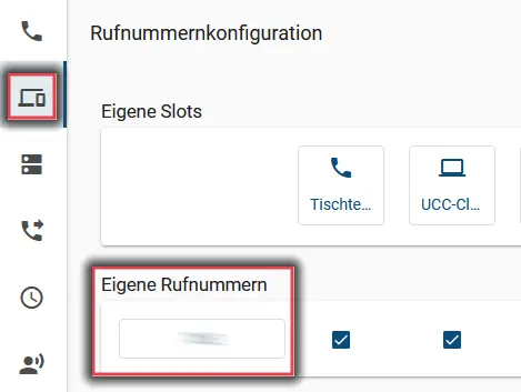 Bild zeigt die Rufnummerkonfiguration mit markierten Fl?chen des Notebook-Symbols und der Eigenen Rufnummer