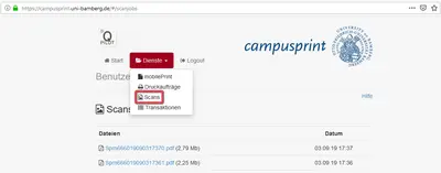 Ansicht Gescannte Dateien herunterladen unter campusprint.uni-bamberg.de