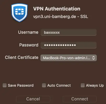 Ansicht Dialogfenster VPN Authentifizierung