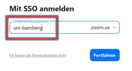 Ansicht Eingabe der Unternehmensdomain uni-bamberg