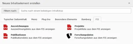 Screenshot: Einfgen eines Typo3-Inhaltselements fr Listen aus dem Forschungsinformationssystem