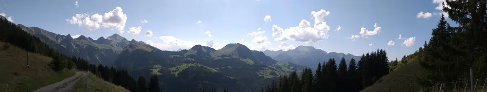 A panoramic view of the mountains around Manigod.