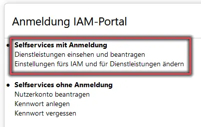 Ansicht Ausw?hlen der Option "Selfservices mit Anmeldung"