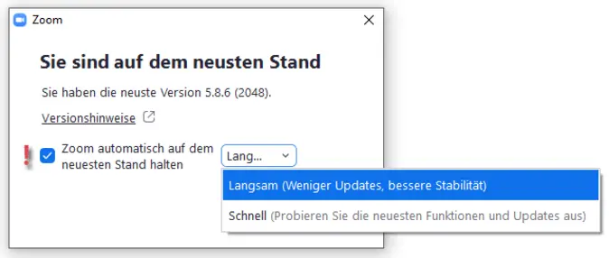 Dialogfenster mit der Option, Zoom automatisch auf dem aktuellen Stand zu halten