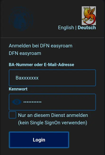 Ansicht Shibboleth Login