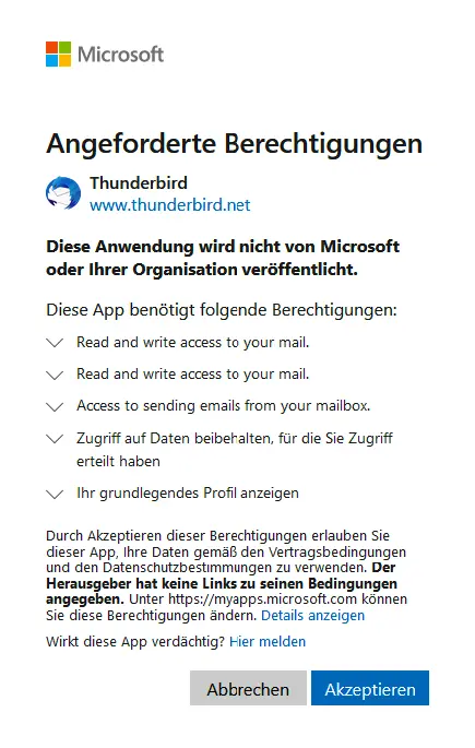 Abbildung 3: Thunderbird Berectigungen akzeptiren